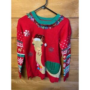 United States Ugly Christmas Sweater Women's M Llama Sequins Festive Holiday Red